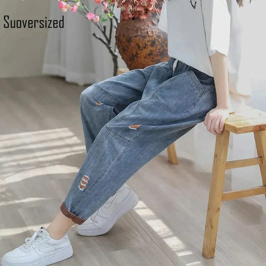 Women Elastic High Waist Denim Pant Casual Trousers