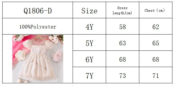 Girls' Summer Bubble Sleeves Mesh Flower Embroidered Princess Skirt Dress