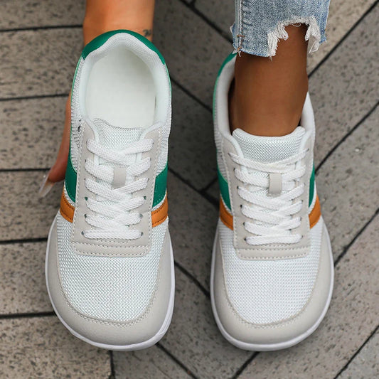 Sapatos femininos com bico largo, casuais e versáteis, solado macio, forma larga, tênis de caminhada, malha respirável, sapatos confortáveis para os pés descalços