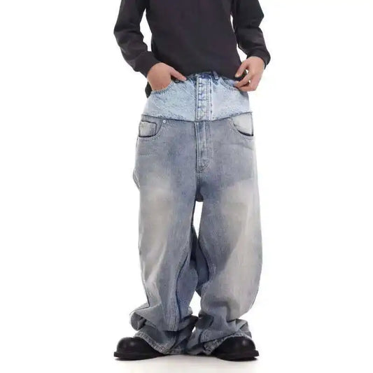 Niche Colorblock Patchwork Wide Leg Blue Jeans Men's Spring 2025 New Straight Double Waist Design Denim Trousers 28W6048