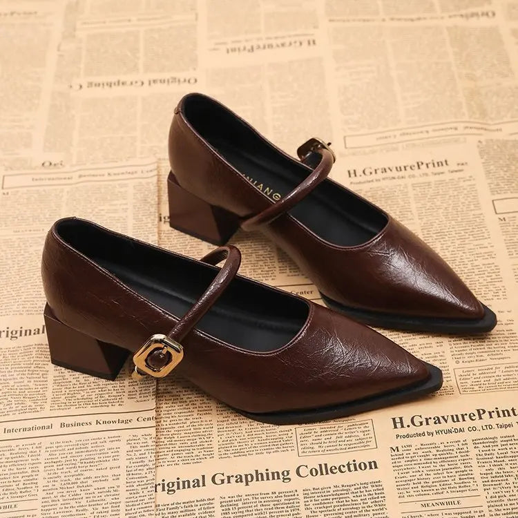 All-Season Women's Chunky Heel Mary Jane Flats - Patent Leather Shallow Cut High Heels, Metal Buckle Decor Commuter Shoes
