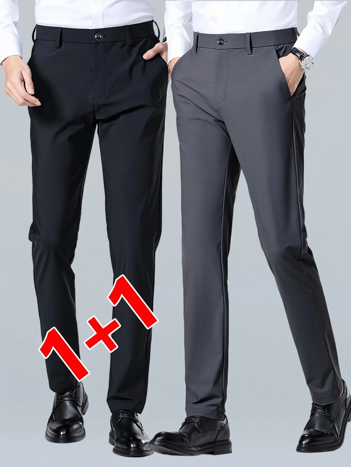 Men's Slim Fit Stretch Dress Pants - Solid Color Business Casual Trousers, Comfort Office Commute Pants for Male - 2-Pack & Sing
