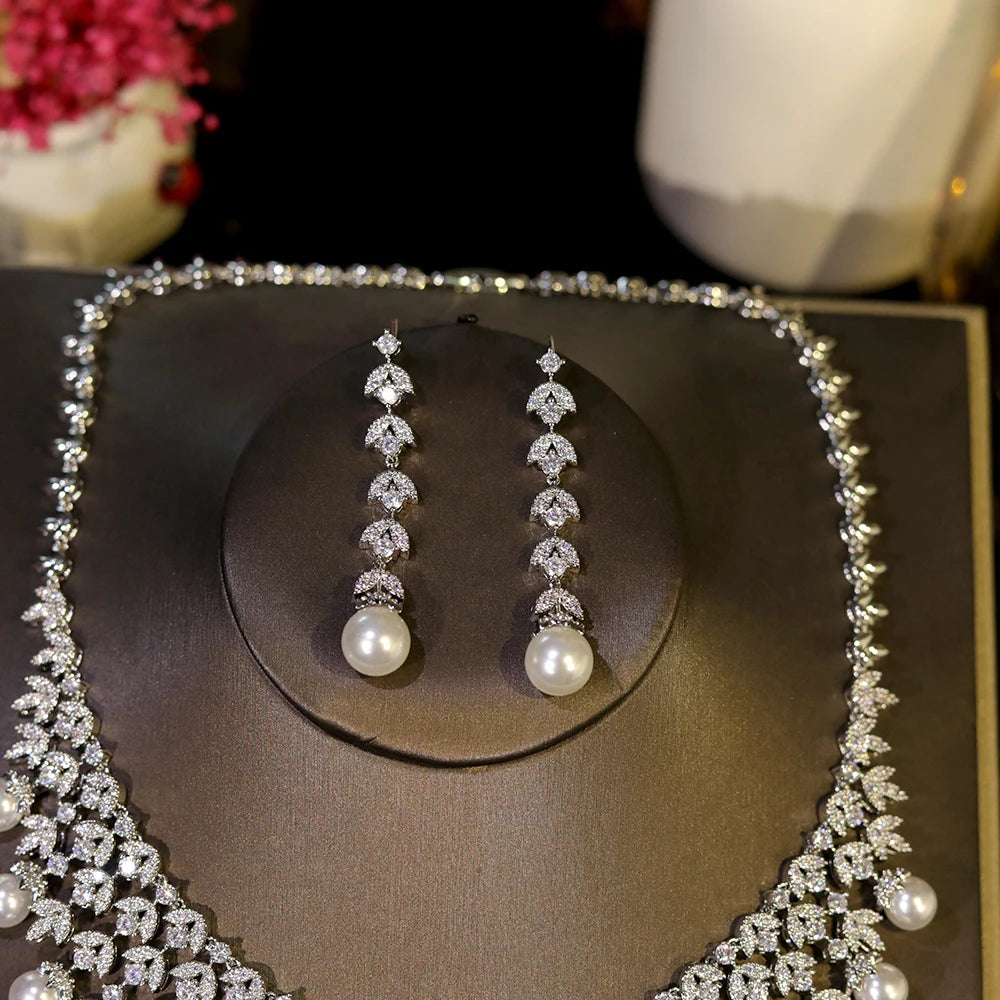 3A Cubic Zirconia Silver Color Tassel Necklace Luxury Pearl Jewelry Sets Bridal Dubai Wedding PROM Accessories