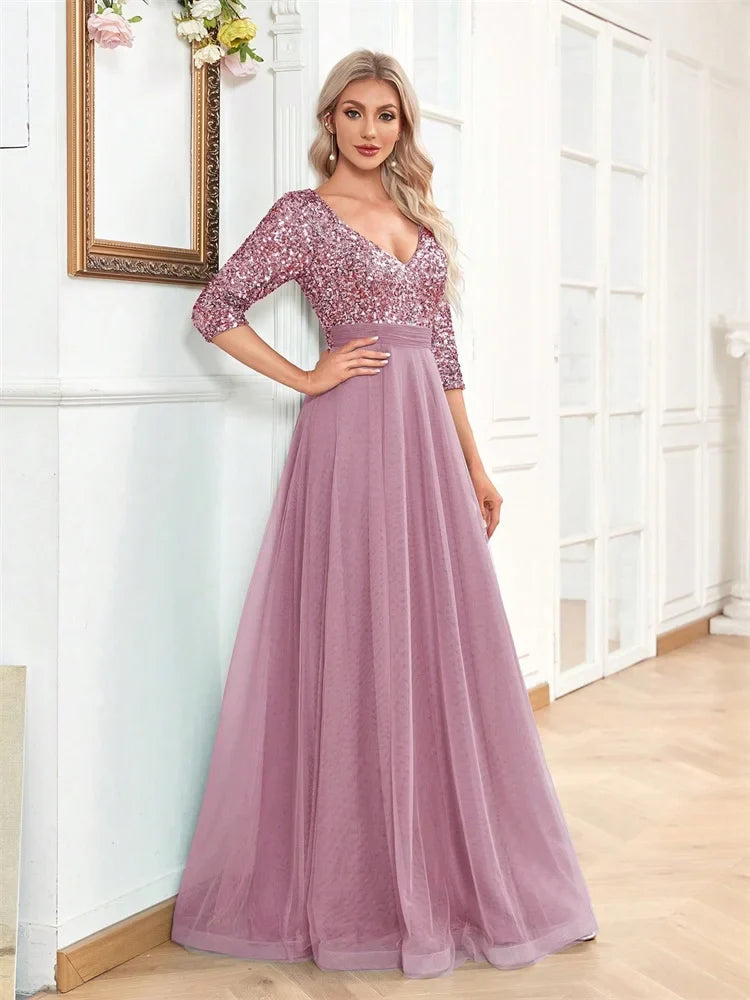 Vestido de Noite de Luxo Longo com Decote em V 2025 Feminino Elegante Vestido Maxi de Festa Lantejoulas Mangas Curtas Vestido de Baile Coquetel