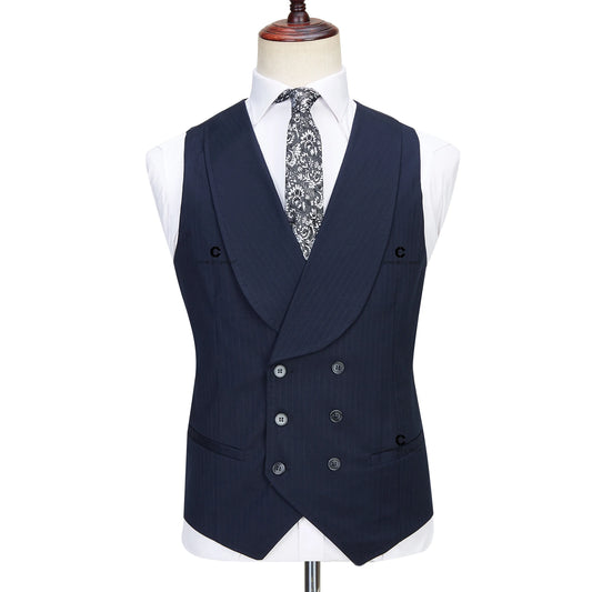 Dark Blue Pinstripe 3 Piece Classic Men Suits Blazer Vest Pants Peak Lapel Formal Business Prom Wedding Dress