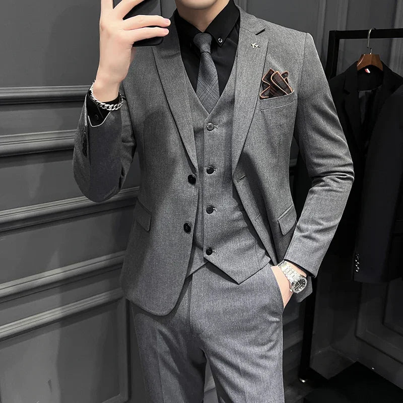 (Blazer + Colete + Calça) Terno Masculino Slim Casual de Negócios Cores Sólidas Boutique Moda Conjunto de Três Peças Noivo Casamento Festa