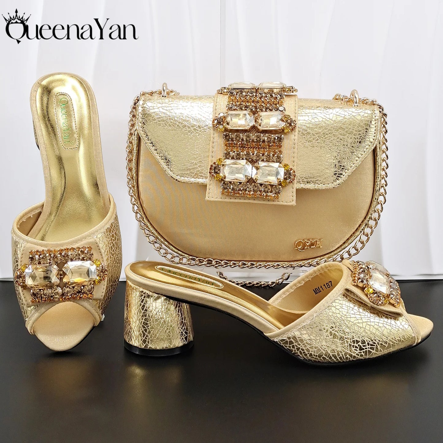 Fashion Mature Brushed Style Rainbow Color Rhinestone Decoration Design Party Wedding Lady High Heels and Bag Set
