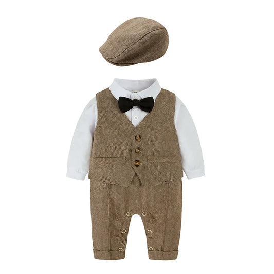 Toddler Gentleman Infant Baby Children Boys Clothes Set 3 Pcs Shirt Bow Tie Romper+Vest+Hat Newborn Dress Party Outfits Suit