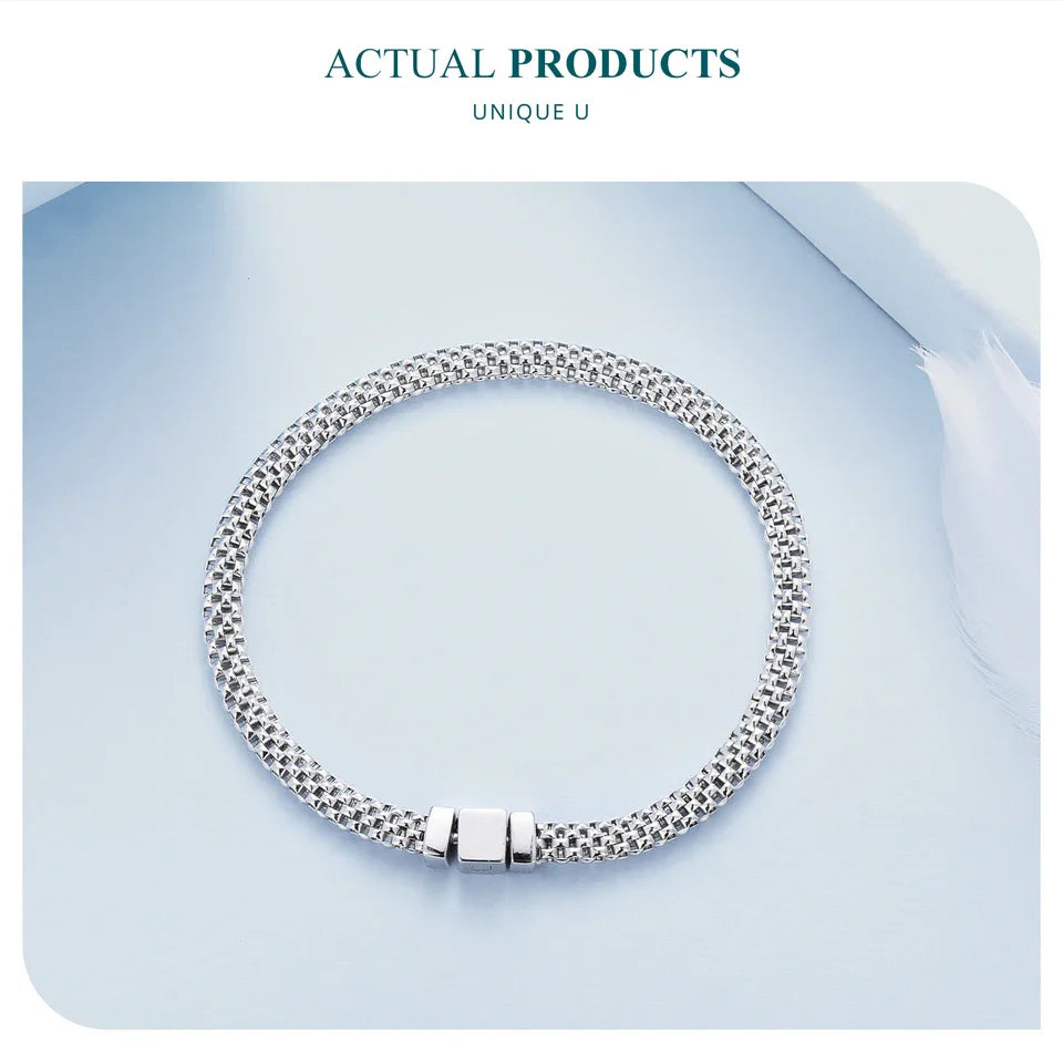 925 Sterling Silver Classic Square Buckle Bracelet Retro Braided Silver Chain Link for Women Platinum Plated Fine Jewelry