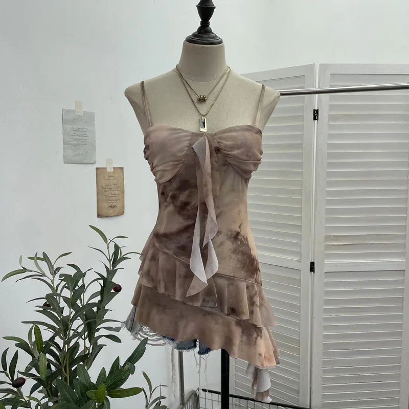 2025 Mesh Camisole for Women Stretch Casual Tie Dyeing Braless Sleeveless Adjustable Straps Asymmetrical Ruffle Tops