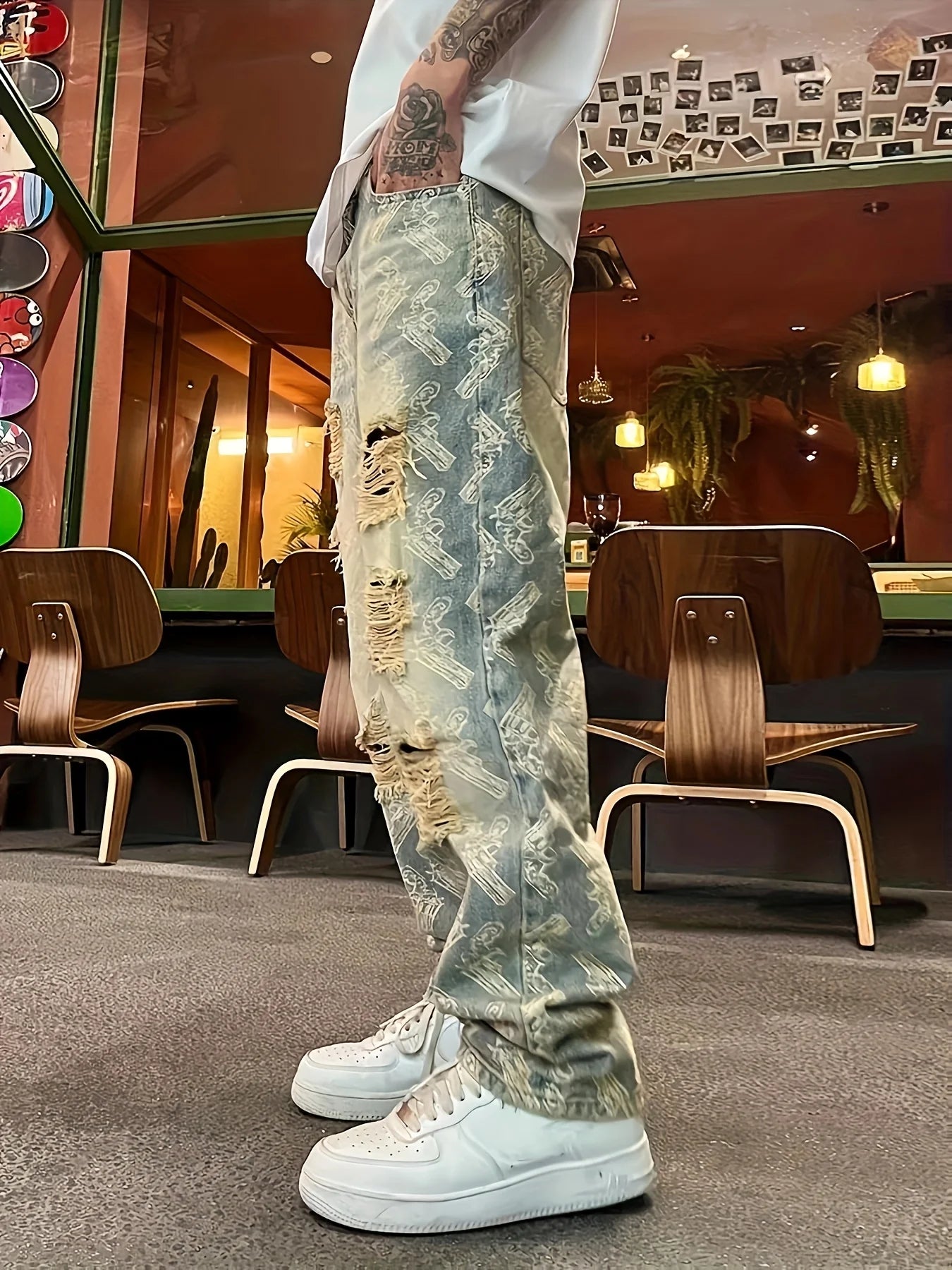 American-Style Street Washed Distressed Ripped Jeans for Men, Spring and Autumn Straight-Leg Loose European and American High Street Vibe Long Pants