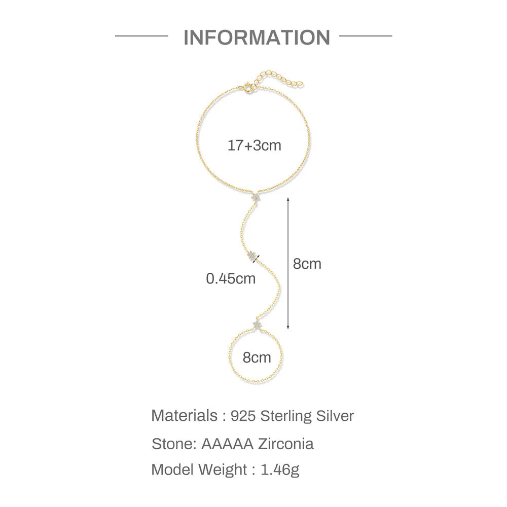 Dainty 5A Zircon Finger Ring Chain Bracelets Flower High Carbon Bracelet for Women Girl Adjustable s925 Silver Jewelry Gift
