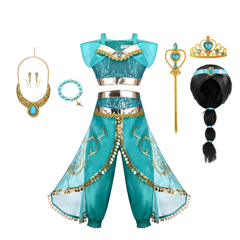 Jasmine Princess Dress for Kids Girls Cosplay Aladdin Magic Lamp Costume Halloween Kids Birthday Carnival Ball Vestidos Outfits