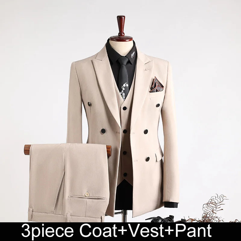 Man Suit Outfit Double-breasted Blazer Men V-neck Vest Straight-leg Pant Male Slim Business Wedding Three-piece Set