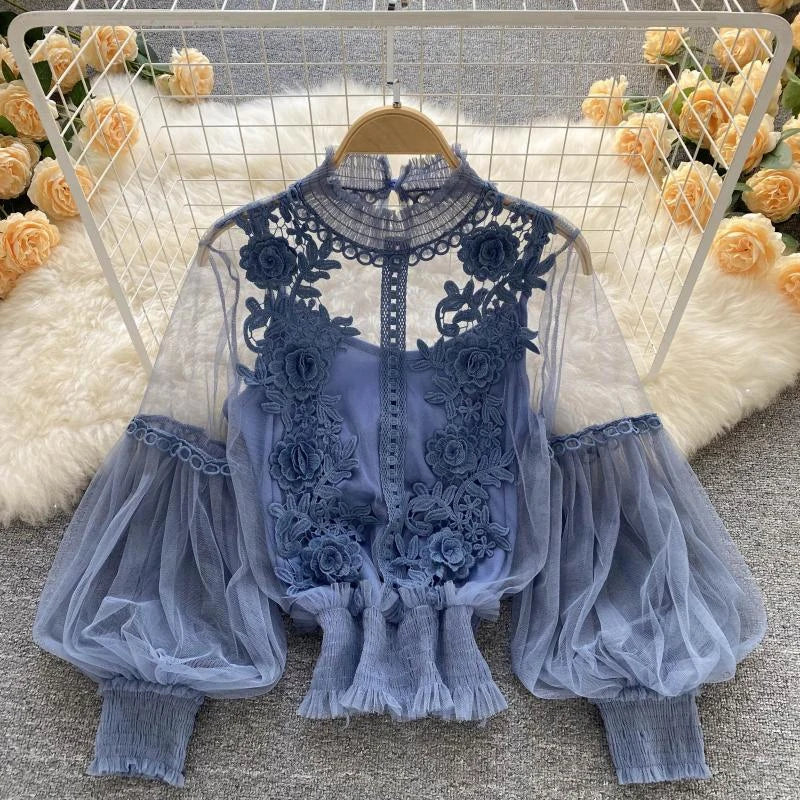 Summer Elegant Lace Blouses Korean Style Women's Clothing Casual Long Sleeve Tops Blusas Feminina Elegante Estilosa Y338