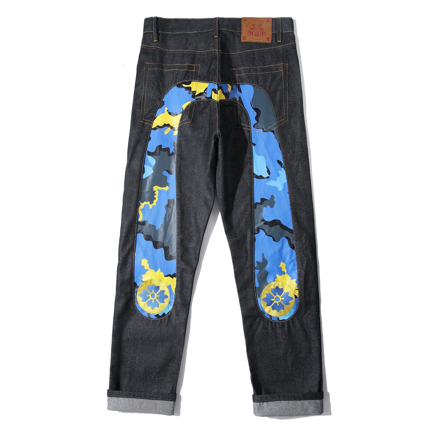 Men's Japanese Handmade Embroidered Cotton Jeans Straight Tube Slim Fit Hip-Hop Trousers Red Ear Detail Devil Big M Golden Text