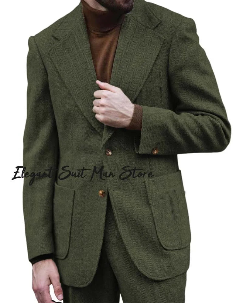 Herringbone pattern Kent blazer Pants Retro Italian style Men's Business Suit Set (Jacket+trousers)tall men tailored suit set