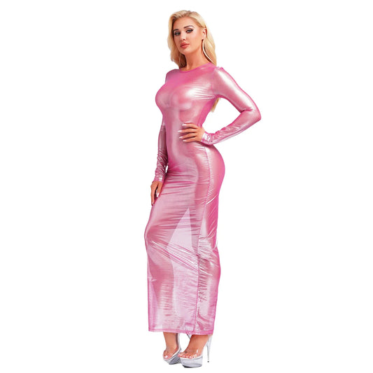 Womens Shiny Metallic Sheer Long Dress See Through Long Sleeve Bodycon Maxi Dress Cover Ups Rave Party Night Club Wear Underwear