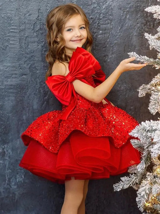 2026 New Christmas Children's Dress Flower Wedding Sequenant Princess Princess Skirt 2-10 years old Red Girl Dress Spot
