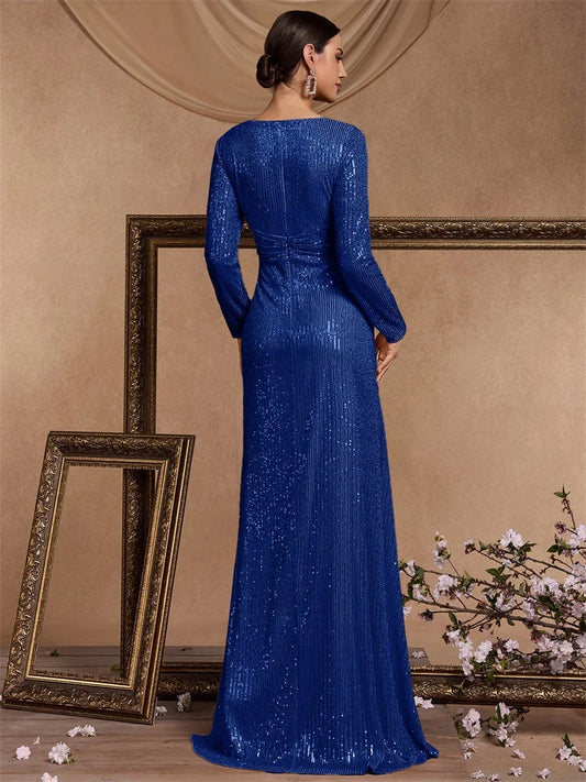 Luxury Royal Blue Sequins Formal Evening Dresses elegant 2025 Long Sleeve Mermaid Prom Wedding Party Cocktail Graduation Gowns