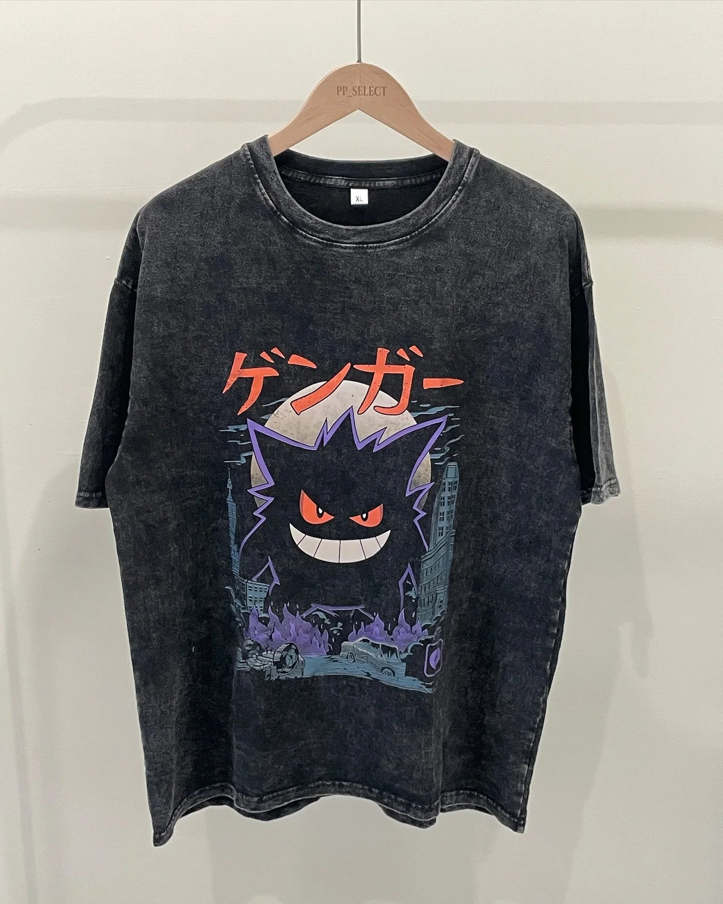 2026 Vintage Washed Mens Womens T Shirt Gengar Anime Short Sleeves Tee Graphic Print Casual Top Summer Y2k Streetwear