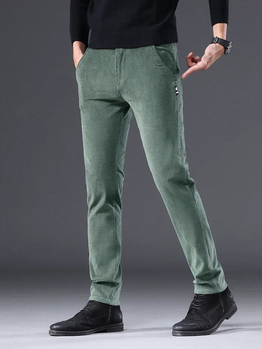 Men's Corduroy Slim Casual Pants 2024 Autumn New Coffee Fashion Stretch Straight Trousers Solid Color Male Clothes