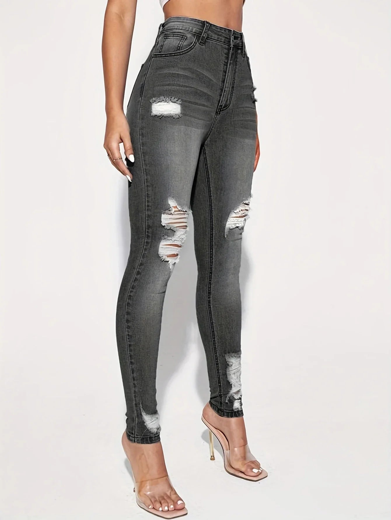 Women Fashion Mid Waist Ripped Hole Jeans