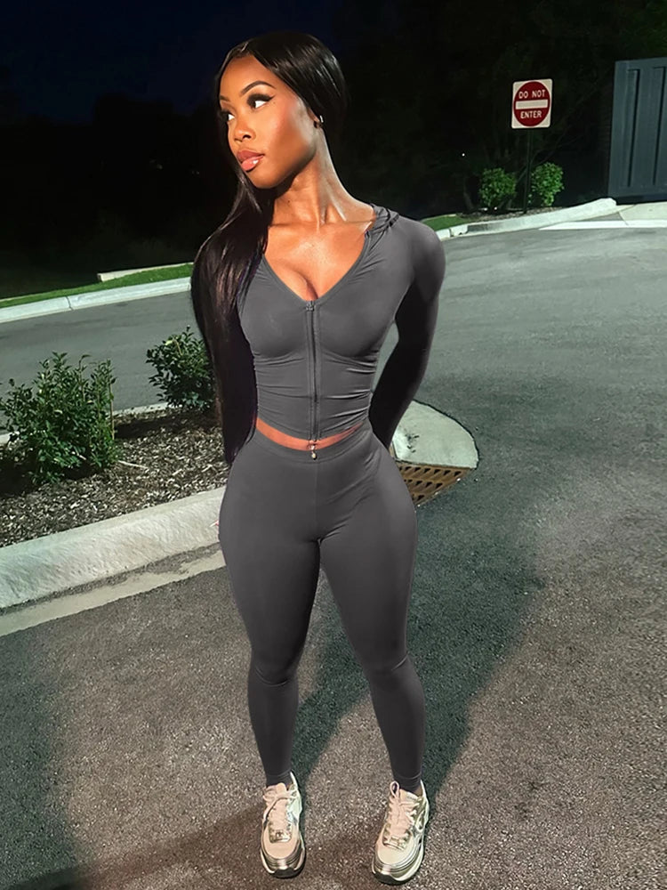 Casual Women 2 Piece Set Classic Tracksuits Solid Long Sleeve Zip-up Hood Tops+Slim Elastic Pants Sporty Concise Outfits