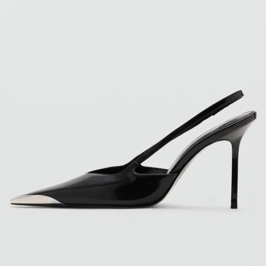 Novelty Metal Pointed Toe High Heels Women 2026 New Elegant Slingback Heeled Sandals Sexy Black Patent Leather Designer Shoes