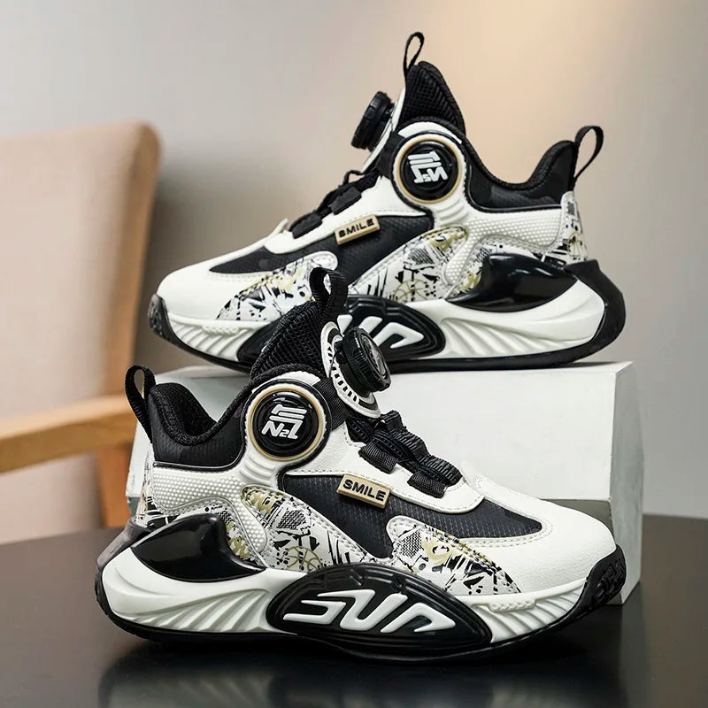 Leather Upper Children Basketball Shoes Rotatory Button Shock Absorbing Boys Shoes