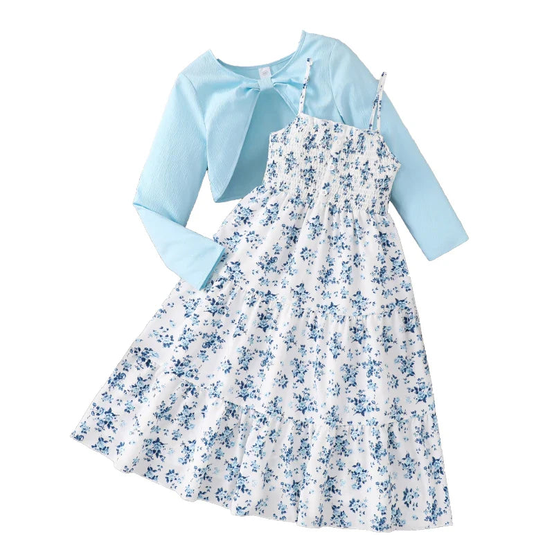 Conjunto de Casaco Manga Longa com Laço e Vestido Regata de Corpo Franzido com Estampa Total Infantil Feminino Fofo Doce Elegante Vestido de Princesa Para Crianças