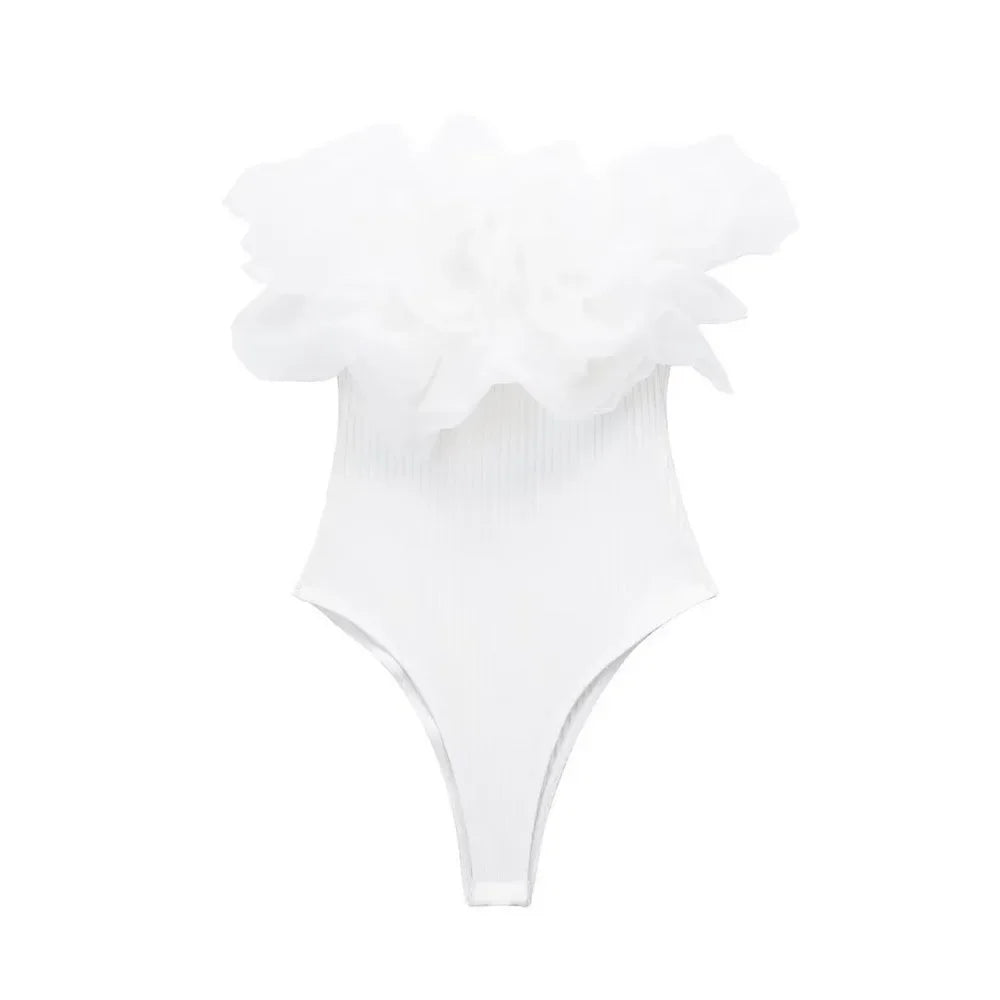 Women Fashion Ribbed Bodysuit With Organza Ruffle Vintage High Elastic Sexy y2k Female Chic Lady Tops body femme
