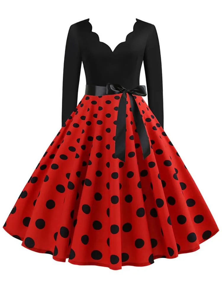 Women Vintage Long Sleeve Polka Dot Dress Spring Autumn New Year Party Dresses 3XL Black Vestidos