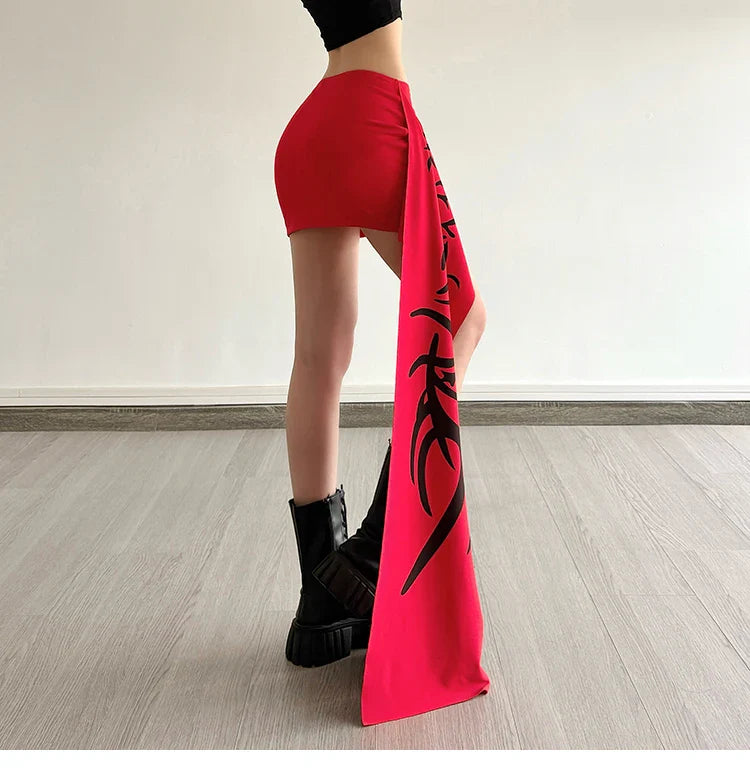 Y2K Millennium Graffiti High Waist Midi Skirt Women's Cool Unisex Asymmetrical Design Polyester Spandex Blend