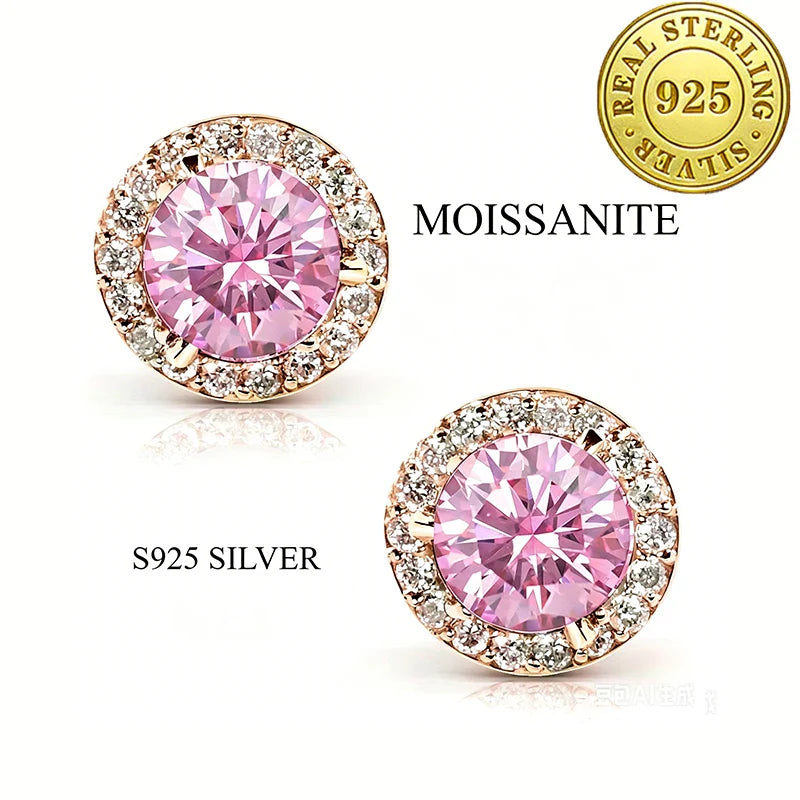 100% moissanite 925 Sterling Silver 6.5mm halo stud earring rose gold Ear Jewelry with GRA pink moissanite earring for women