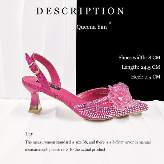 New Arrival Elegant Mature Fuchsia Color Rhinestone Design Pointed Toe High Heel and Bag Set for Party Wedding