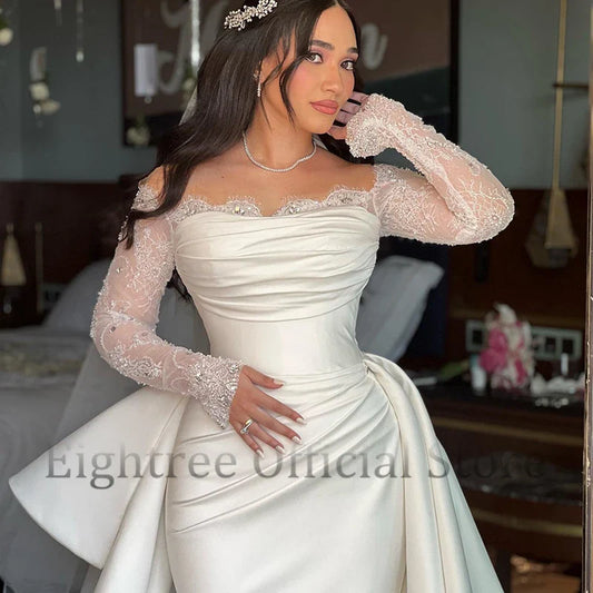 White Mermaid Wedding Dresses Formal Off The Shoulder Long Sleeve Bridal Dress Boho Beach Wedding Prom Gowns Customized