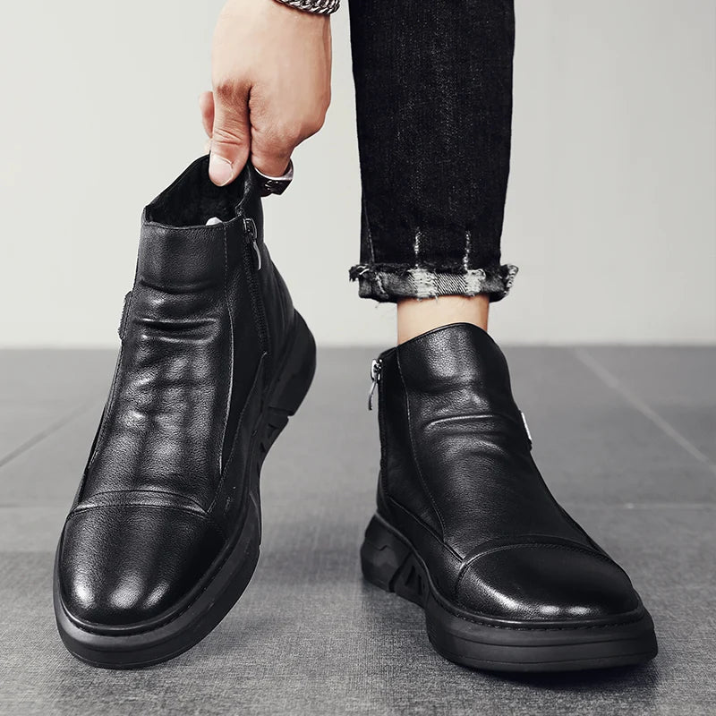 Winter Quality High Top Mens Leather Boots Zip Fashion Plush Warm Men Ankle Boots Soft Sole Male Casual Boots Platform Work Boot
