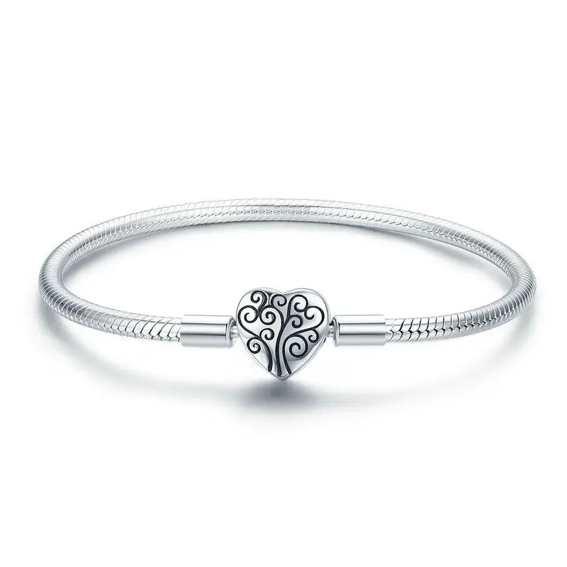 100% 925 Sterling Silver Spring Tree of Life Heart Shape Clasp Snake Chain Bracelet Sterling Silver Jewelry S925 SCB066