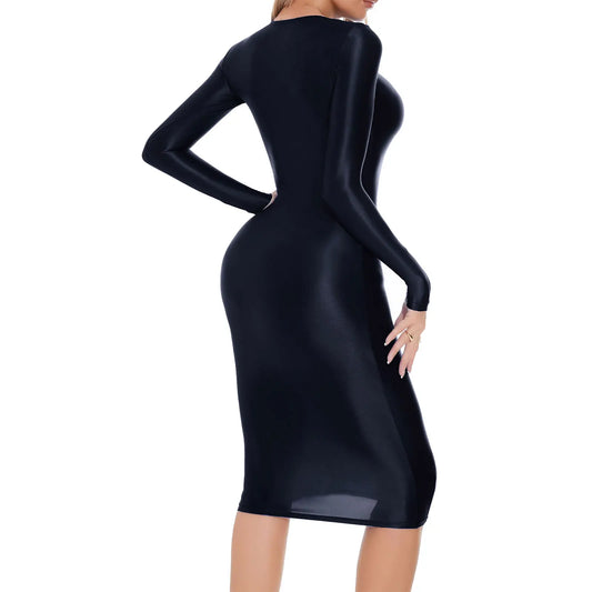 Womens Oil-shiny Bodycon Dress Long Sleeve Hip Wrap Sleep Dress Sexy Nightwear for Clubwear Performance Cocktail Party Costume