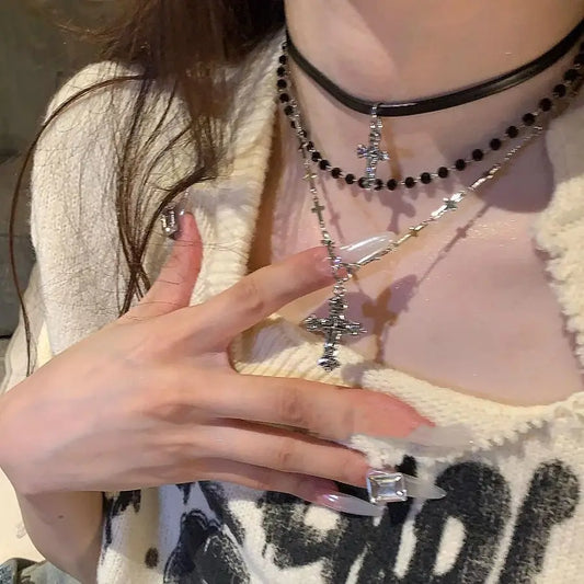 Gothic Punk Y2K Metal Cross Pendant Necklace For Women Men Lovers Vintage Multi Layer Bead Necklaces 90s EMO Charm Jewelry Gift