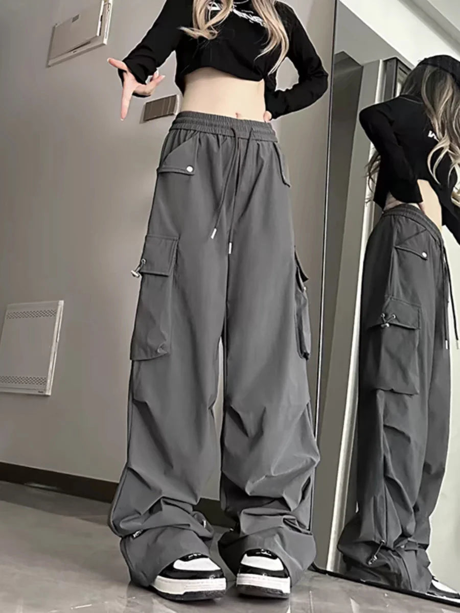 2026 New American Style Large Pocket Cargo Pants Women's Spring Summer Wide Leg Pants Loose Slimming Casual Sports Pants