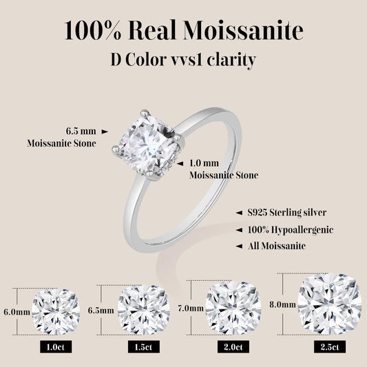 Cushion Cut 1.5ct 2.5ct Moissanite Ring DVVS1 925 Silver 18K Gold Plated For Women Engagement Wedding Band Fine Jewelry