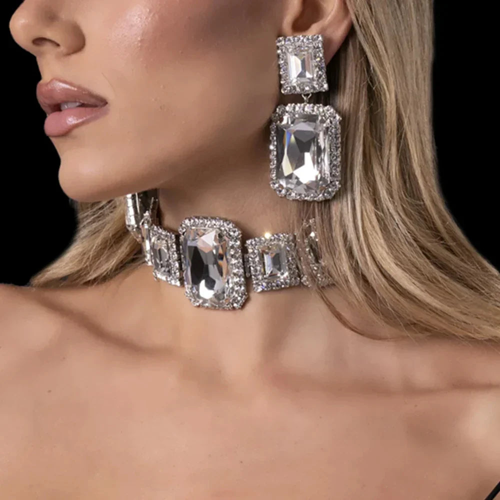Bride Crystal Necklace Earrings Set Bridesmaid Wedding Jewellry Two Pieces Choker Necklace Prom Costume Jewelry Sets