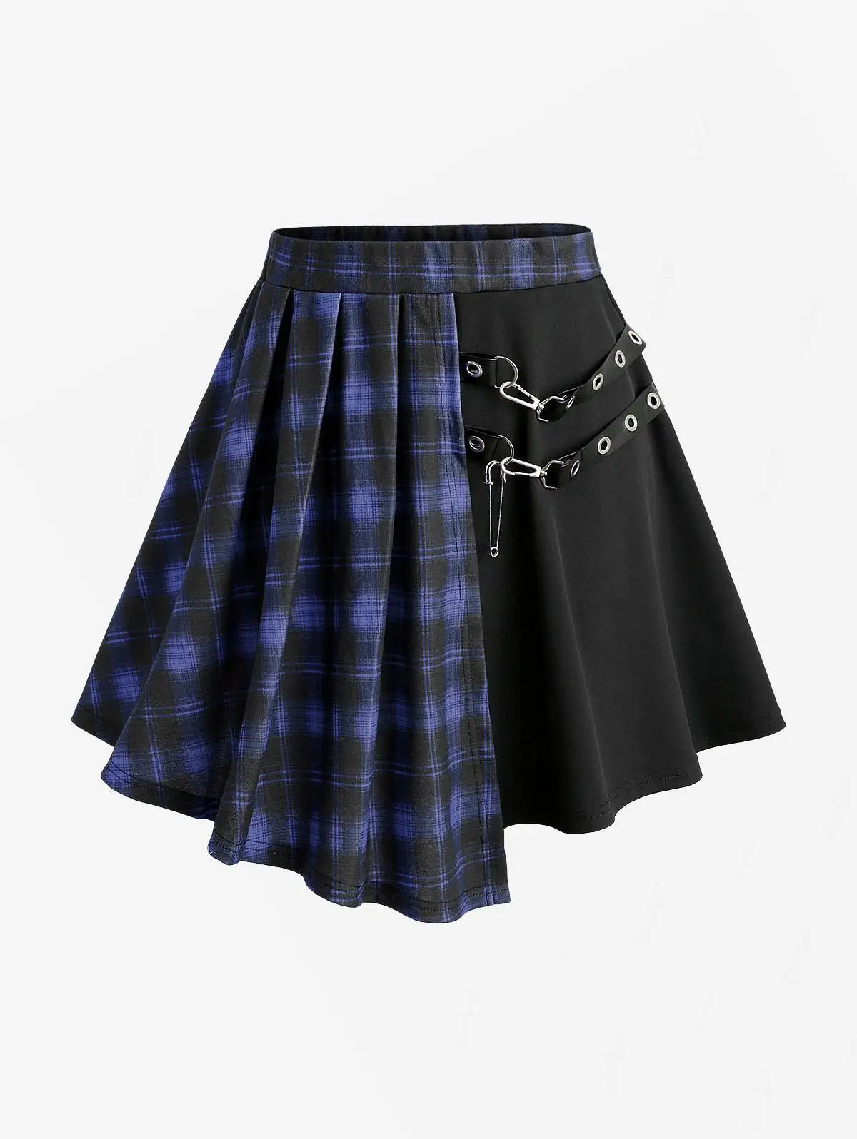 Plus Size Plaid Patchwork Grommets PU Leather Stripes Asymmetrical Skirt Female Casual Large Size Women Y2K Skirts
