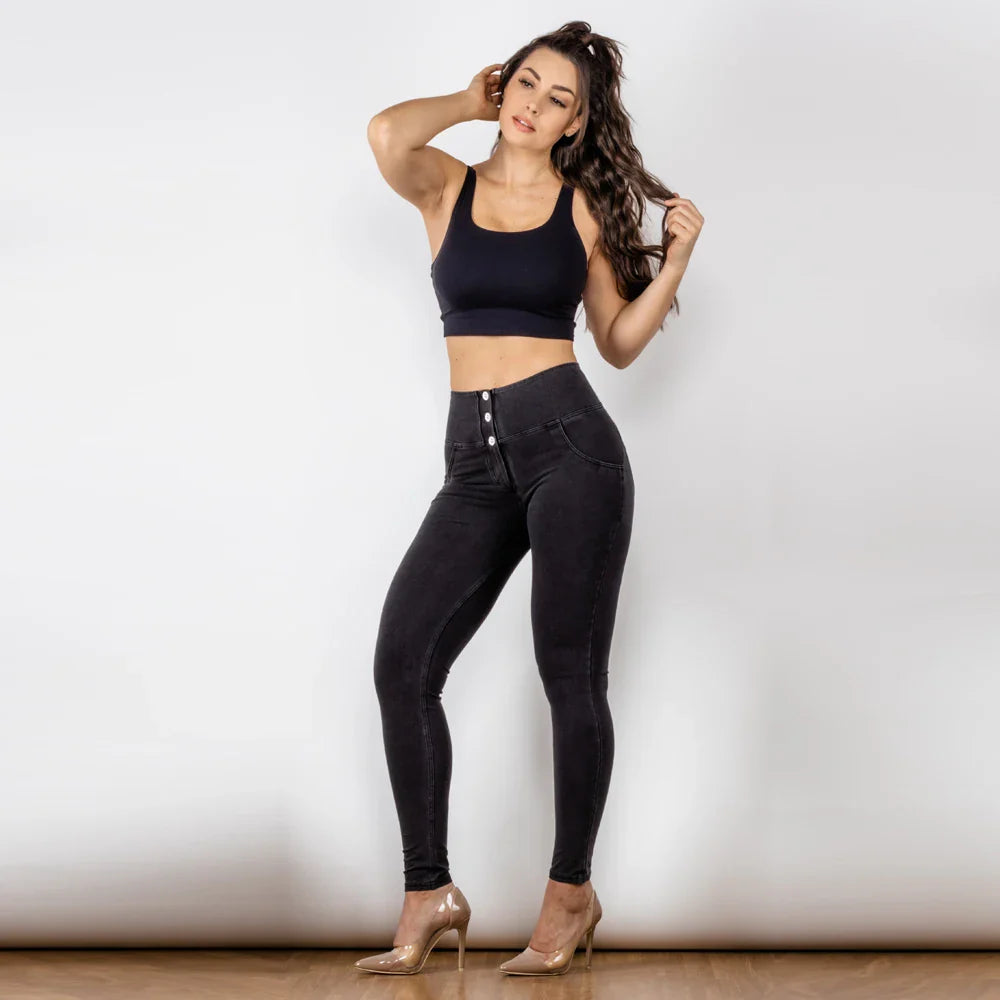 Jeans Black Skinny Women Stretchable Jeans Slimming Jeggings Streetwear With Three Buttons