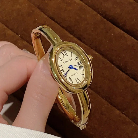 Women Rome Dial Quartz Watch Brand Luxury Gold Colors Bangle Oval Wristwatch Relogio Feminino Gifts Clock Montre Femme