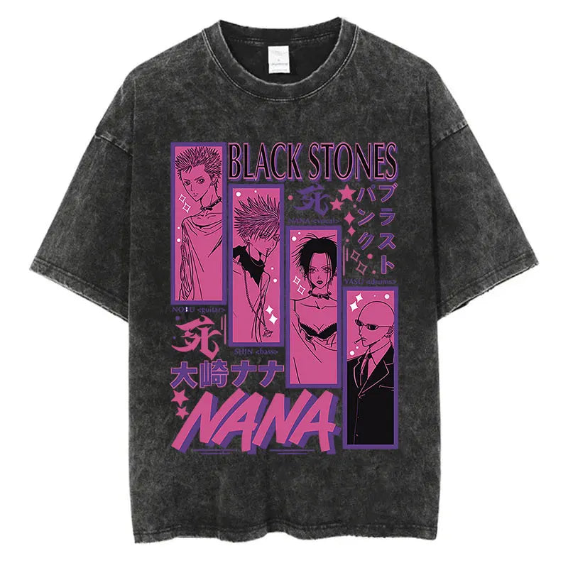 Japanese Anime Nana Osaki Print Vintage Washed Tshirt Harajuku Streetwear Graphic T-Shirt Summer Short Sleeve Cotton Tshirt