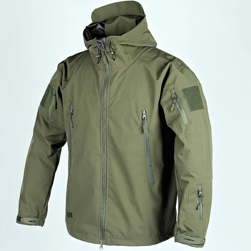 Jaquetas Táticas Militares Masculinas com Zíper Completo, Jaqueta Corta-Vento Tática Impermeável Soft Shell Shark Skin para Atividades ao Ar Livre, Caminhada, Casaco com Capuz P-4GG