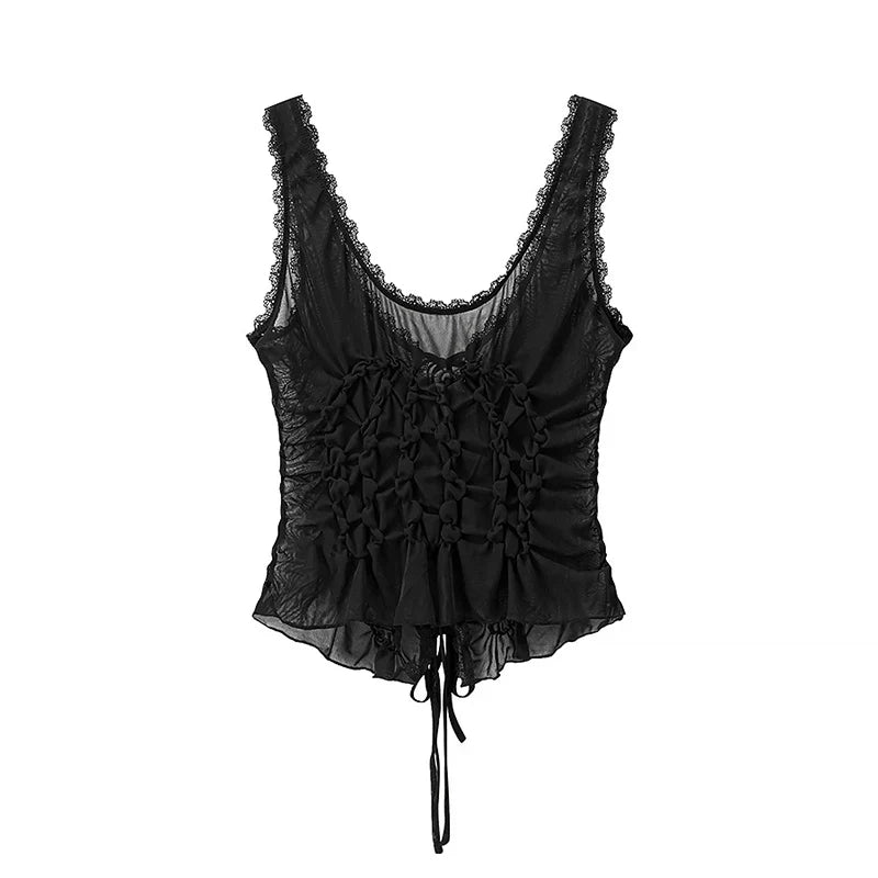 Women Fashion Solid Pleated Lace Up Slim Fitting Camis Vintage Straps V-Neck Female Chic Lady Tank Tops